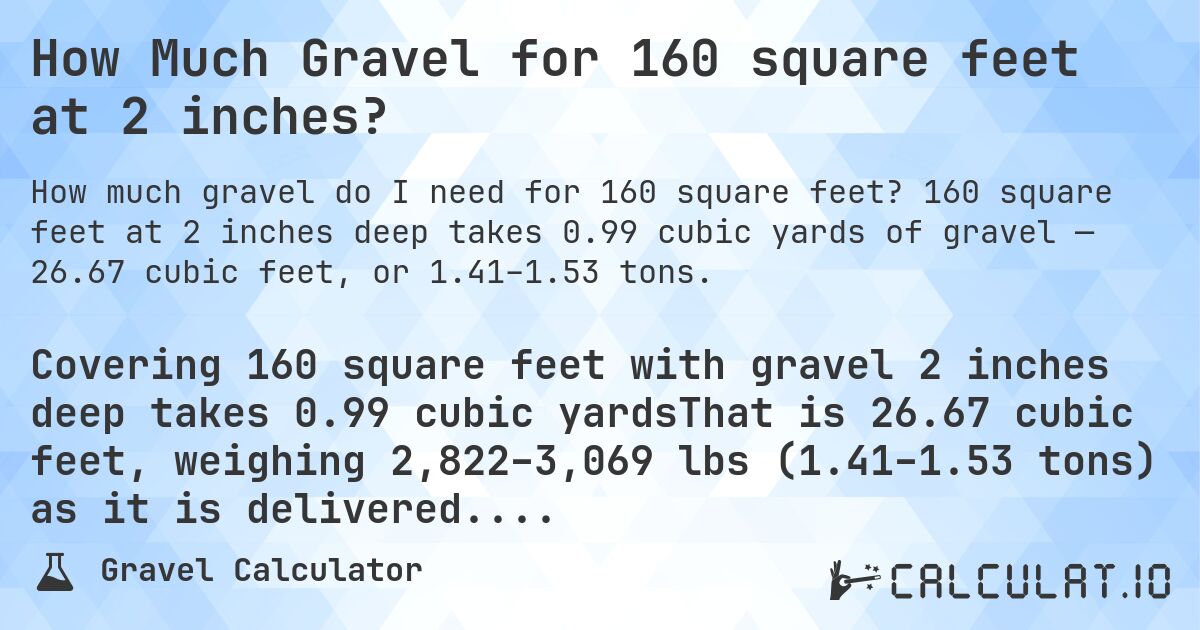 How Much Gravel for 160 square feet at 2 inches?. 160 square feet at 2 inches deep takes 0.99 cubic yards of gravel — 26.67 cubic feet, or 1.41–1.53 tons.