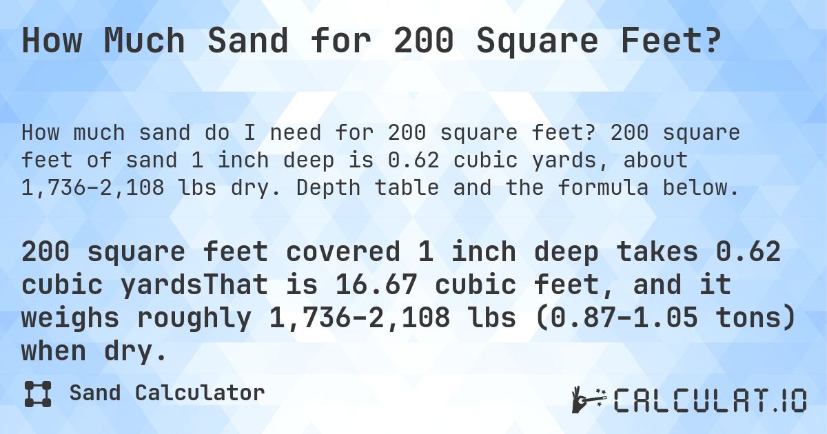 How Much Sand for 200 Square Feet?. 200 square feet of sand 1 inch deep is 0.62 cubic yards, about 1,736–2,108 lbs dry. Depth table and the formula below.