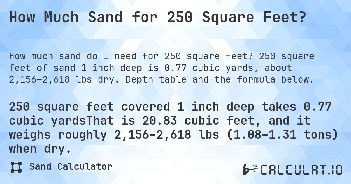 How Much Sand for 250 Square Feet?. 250 square feet of sand 1 inch deep is 0.77 cubic yards, about 2,156–2,618 lbs dry. Depth table and the formula below.