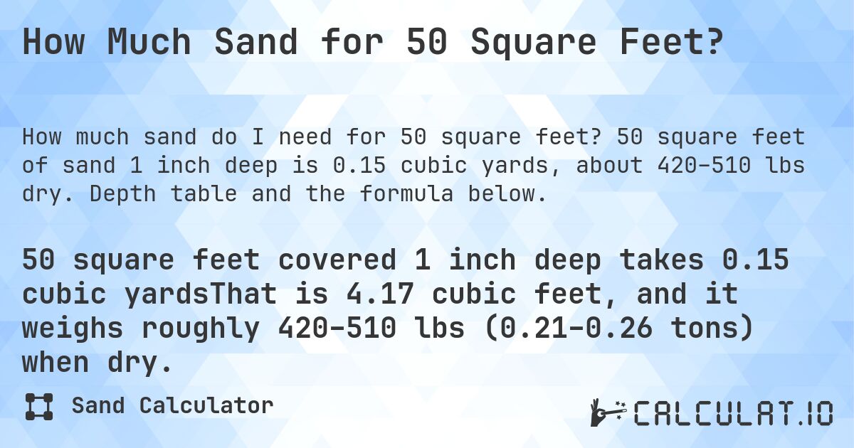 How Much Sand for 50 Square Feet?. 50 square feet of sand 1 inch deep is 0.15 cubic yards, about 420–510 lbs dry. Depth table and the formula below.