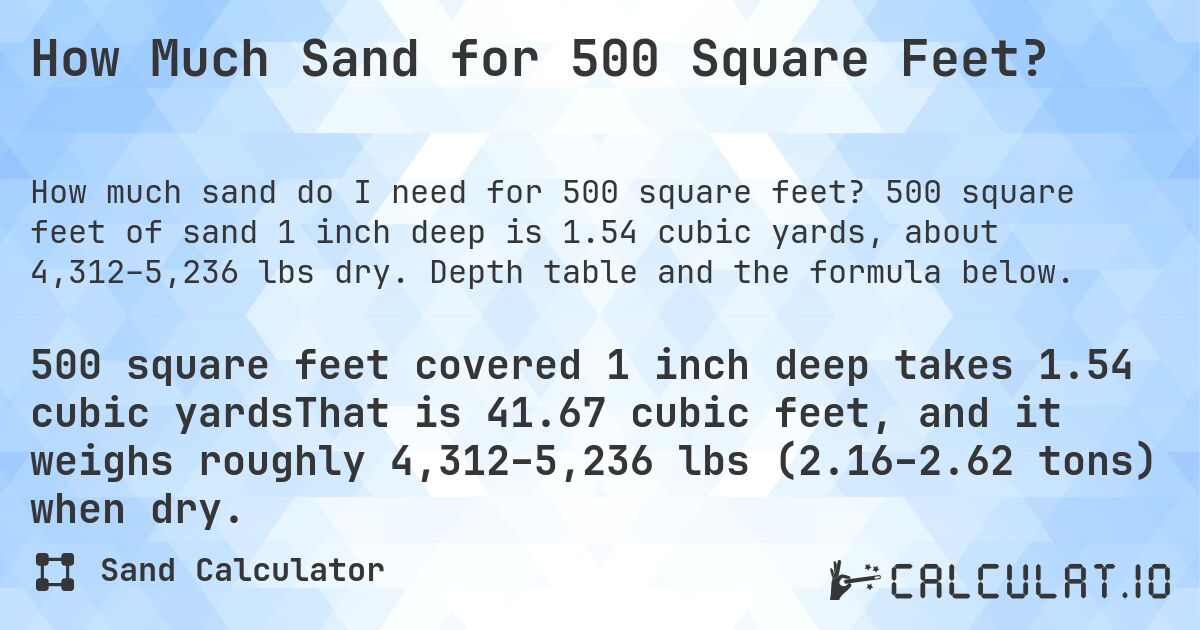 How Much Sand for 500 Square Feet?. 500 square feet of sand 1 inch deep is 1.54 cubic yards, about 4,312–5,236 lbs dry. Depth table and the formula below.