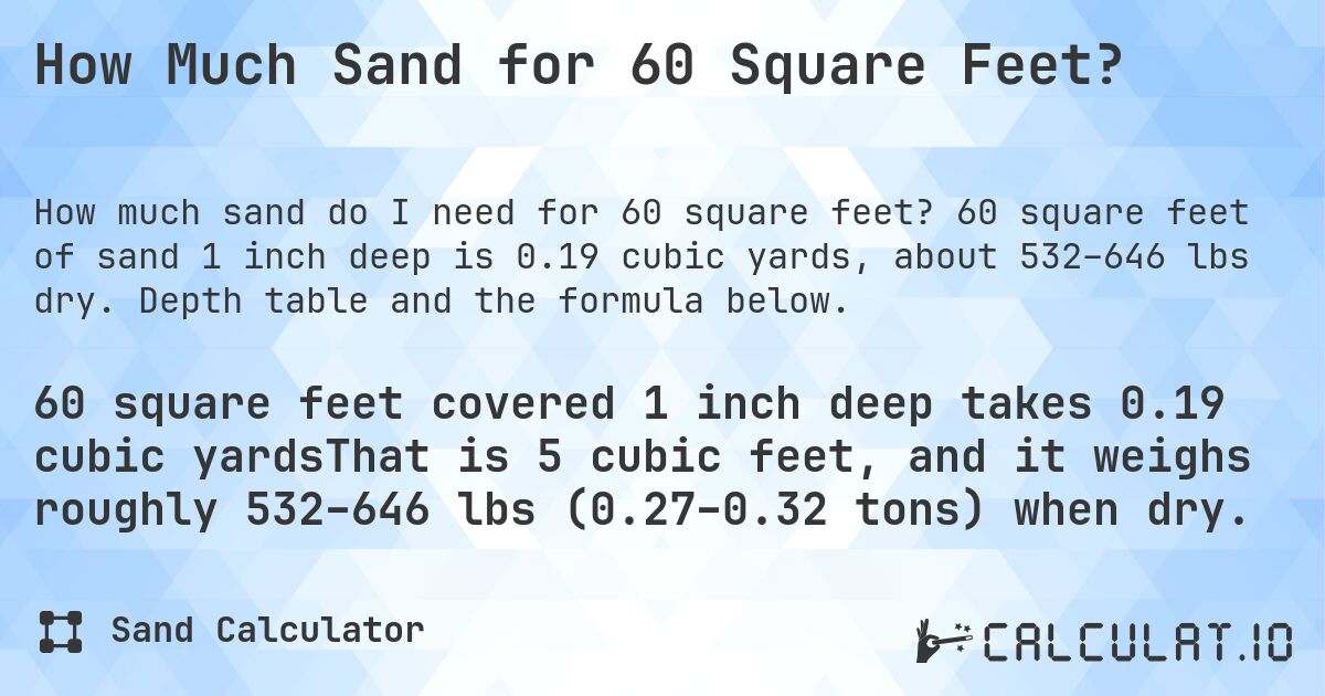 How Much Sand for 60 Square Feet?. 60 square feet of sand 1 inch deep is 0.19 cubic yards, about 532–646 lbs dry. Depth table and the formula below.