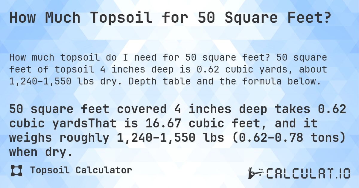 How Much Topsoil for 50 Square Feet?. 50 square feet of topsoil 4 inches deep is 0.62 cubic yards, about 1,240–1,550 lbs dry. Depth table and the formula below.