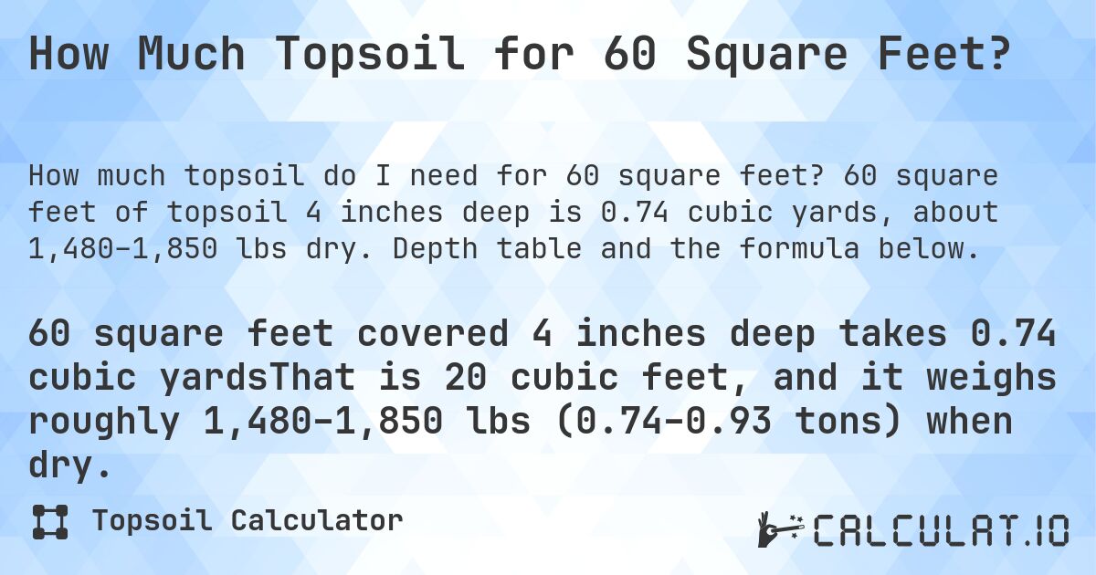 How Much Topsoil for 60 Square Feet?. 60 square feet of topsoil 4 inches deep is 0.74 cubic yards, about 1,480–1,850 lbs dry. Depth table and the formula below.