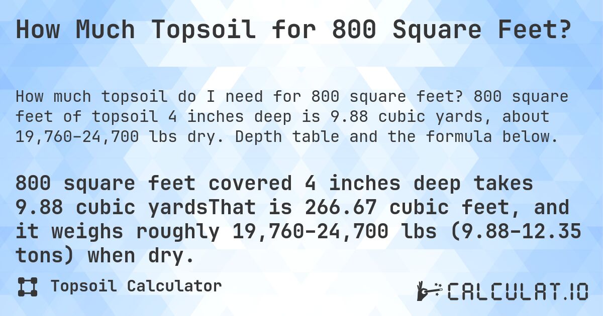 How Much Topsoil for 800 Square Feet?. 800 square feet of topsoil 4 inches deep is 9.88 cubic yards, about 19,760–24,700 lbs dry. Depth table and the formula below.