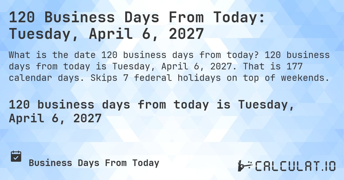 120 Business Days From Today: Tuesday, April 6, 2027. 120 business days from today is Tuesday, April 6, 2027. That is 177 calendar days. Skips 7 federal holidays on top of weekends.