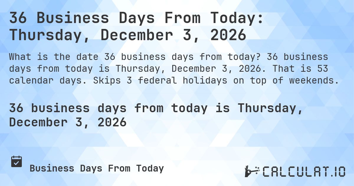 36 Business Days From Today: Thursday, December 3, 2026. 36 business days from today is Thursday, December 3, 2026. That is 53 calendar days. Skips 3 federal holidays on top of weekends.