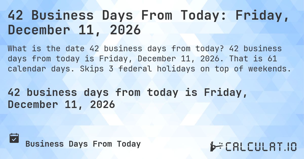 42 Business Days From Today: Friday, December 11, 2026. 42 business days from today is Friday, December 11, 2026. That is 61 calendar days. Skips 3 federal holidays on top of weekends.