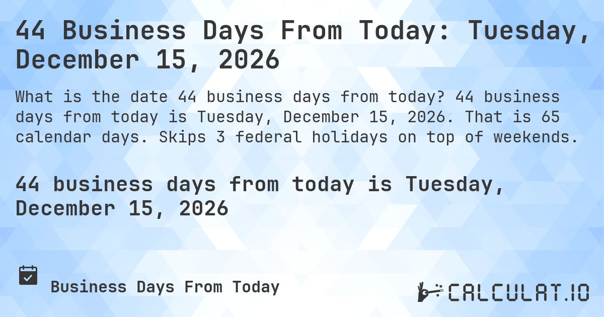 44 Business Days From Today: Tuesday, December 15, 2026. 44 business days from today is Tuesday, December 15, 2026. That is 65 calendar days. Skips 3 federal holidays on top of weekends.