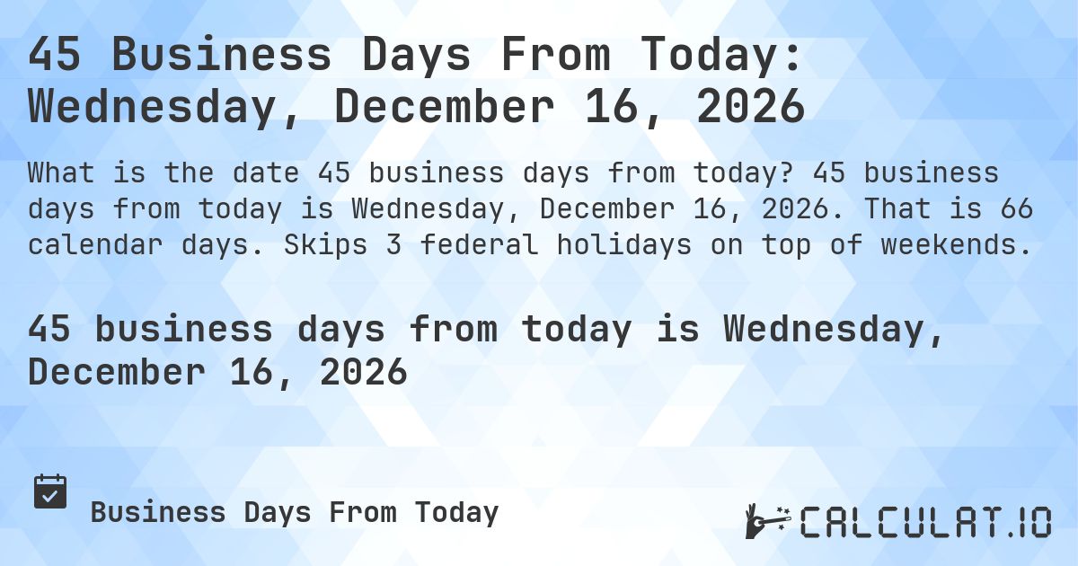 45 Business Days From Today: Wednesday, December 16, 2026. 45 business days from today is Wednesday, December 16, 2026. That is 66 calendar days. Skips 3 federal holidays on top of weekends.