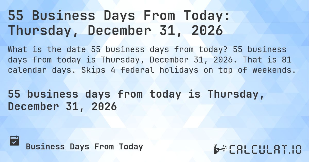 55 Business Days From Today: Thursday, December 31, 2026. 55 business days from today is Thursday, December 31, 2026. That is 81 calendar days. Skips 4 federal holidays on top of weekends.