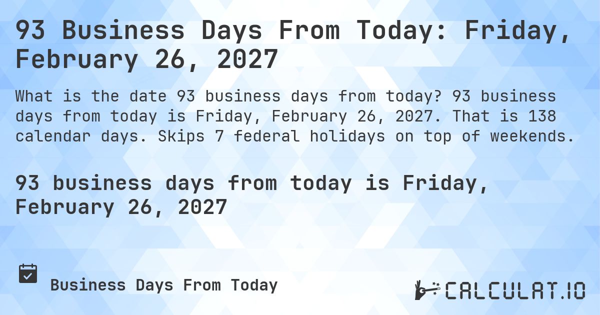 93 Business Days From Today: Friday, February 26, 2027. 93 business days from today is Friday, February 26, 2027. That is 138 calendar days. Skips 7 federal holidays on top of weekends.