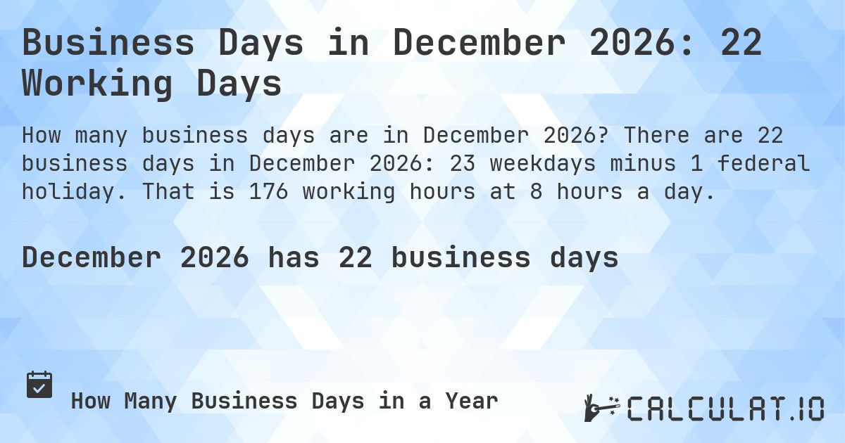 Business Days in December 2026: 22 Working Days. There are 22 business days in December 2026: 23 weekdays minus 1 federal holiday. That is 176 working hours at 8 hours a day.