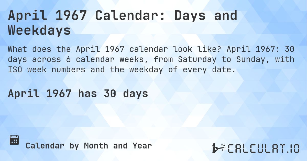 April 1967 Calendar: Days and Weekdays. April 1967: 30 days across 6 calendar weeks, from Saturday to Sunday, with ISO week numbers and the weekday of every date.
