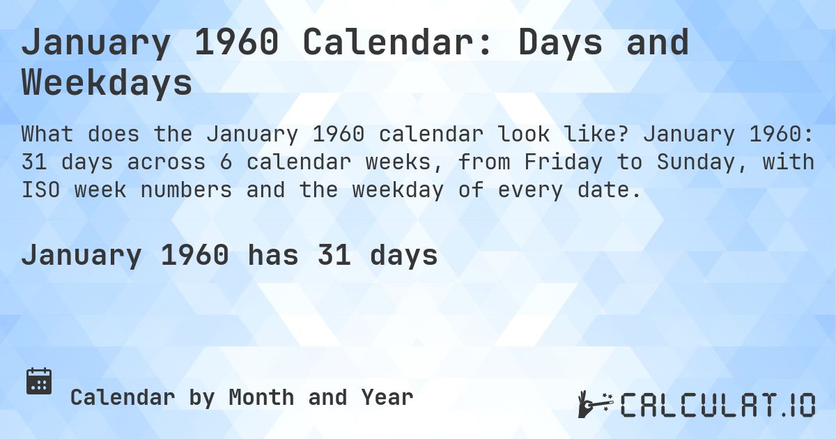 January 1960 Calendar: Days and Weekdays. January 1960: 31 days across 6 calendar weeks, from Friday to Sunday, with ISO week numbers and the weekday of every date.