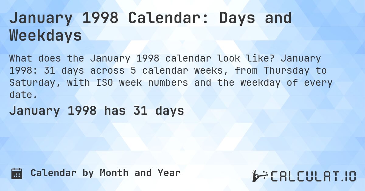 January 1998 Calendar: Days and Weekdays. January 1998: 31 days across 5 calendar weeks, from Thursday to Saturday, with ISO week numbers and the weekday of every date.