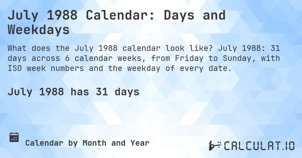 July 1988 Calendar: Days and Weekdays. July 1988: 31 days across 6 calendar weeks, from Friday to Sunday, with ISO week numbers and the weekday of every date.