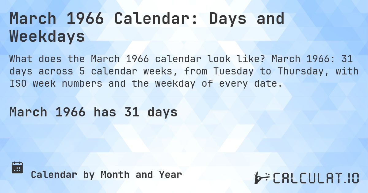 March 1966 Calendar: Days and Weekdays. March 1966: 31 days across 5 calendar weeks, from Tuesday to Thursday, with ISO week numbers and the weekday of every date.