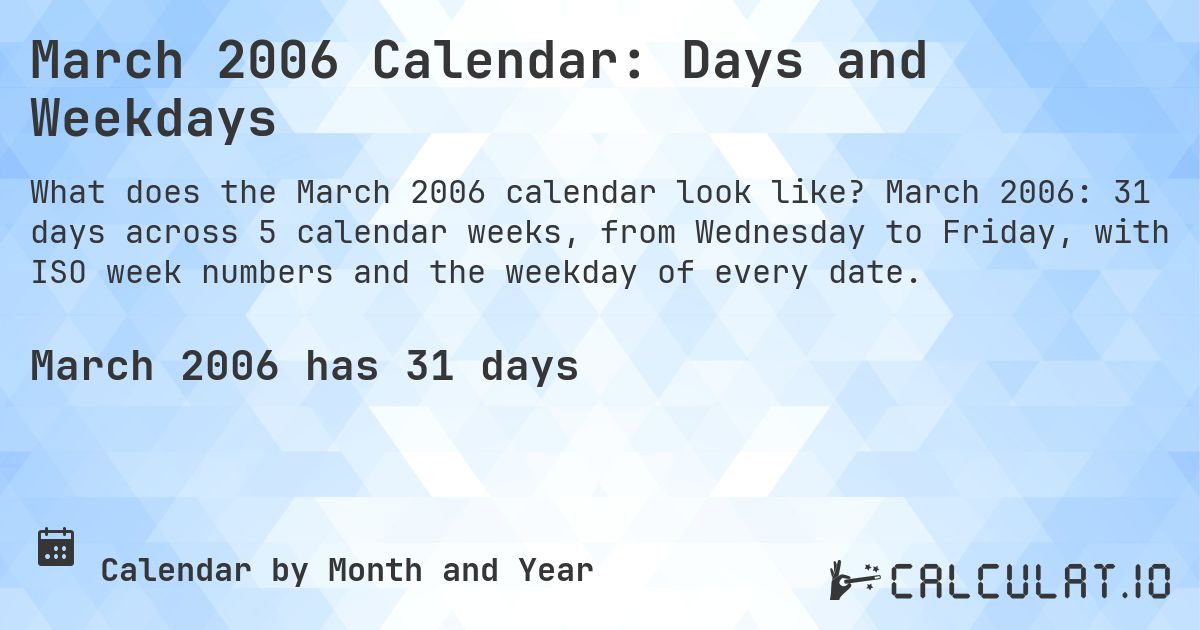 March 2006 Calendar: Days and Weekdays. March 2006: 31 days across 5 calendar weeks, from Wednesday to Friday, with ISO week numbers and the weekday of every date.