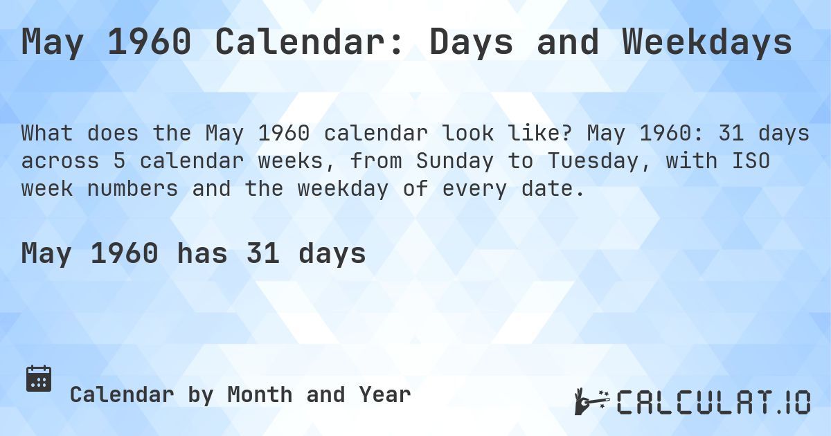 May 1960 Calendar: Days and Weekdays. May 1960: 31 days across 5 calendar weeks, from Sunday to Tuesday, with ISO week numbers and the weekday of every date.