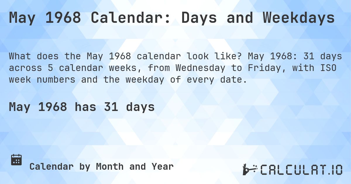 May 1968 Calendar: Days and Weekdays. May 1968: 31 days across 5 calendar weeks, from Wednesday to Friday, with ISO week numbers and the weekday of every date.