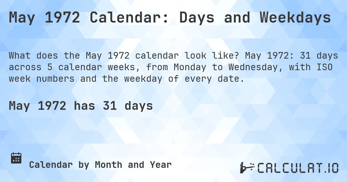 May 1972 Calendar: Days and Weekdays. May 1972: 31 days across 5 calendar weeks, from Monday to Wednesday, with ISO week numbers and the weekday of every date.