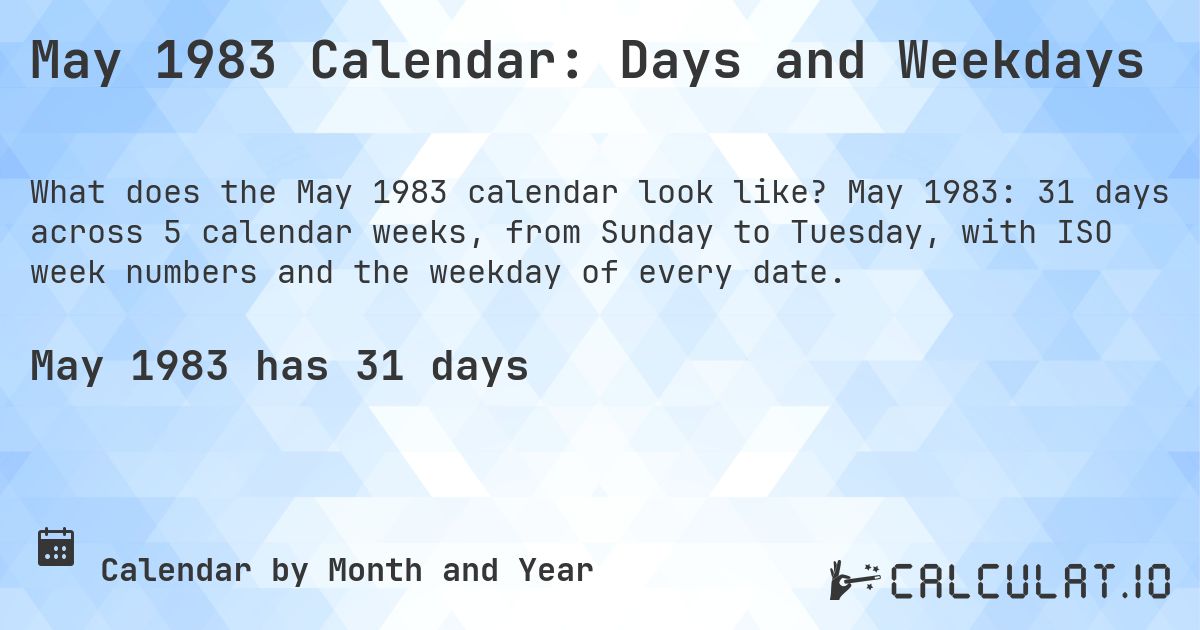 May 1983 Calendar: Days and Weekdays. May 1983: 31 days across 5 calendar weeks, from Sunday to Tuesday, with ISO week numbers and the weekday of every date.
