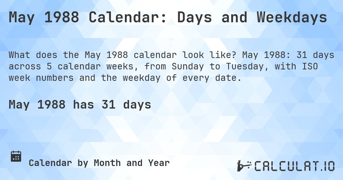 May 1988 Calendar: Days and Weekdays. May 1988: 31 days across 5 calendar weeks, from Sunday to Tuesday, with ISO week numbers and the weekday of every date.