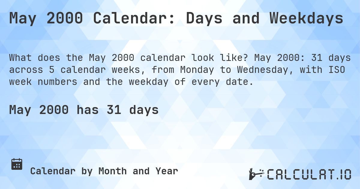 May 2000 Calendar: Days and Weekdays. May 2000: 31 days across 5 calendar weeks, from Monday to Wednesday, with ISO week numbers and the weekday of every date.