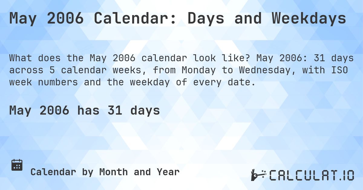 May 2006 Calendar: Days and Weekdays. May 2006: 31 days across 5 calendar weeks, from Monday to Wednesday, with ISO week numbers and the weekday of every date.
