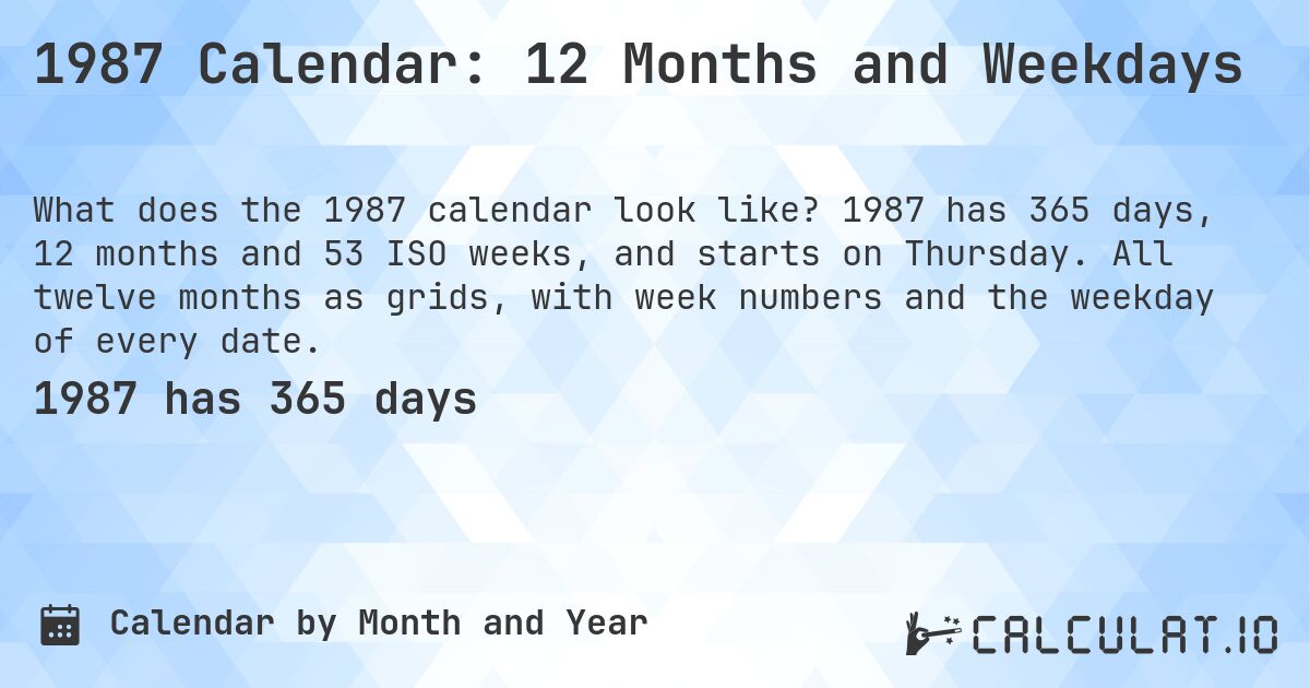 1987 Calendar: 12 Months and Weekdays. 1987 has 365 days, 12 months and 53 ISO weeks, and starts on Thursday. All twelve months as grids, with week numbers and the weekday of every date.