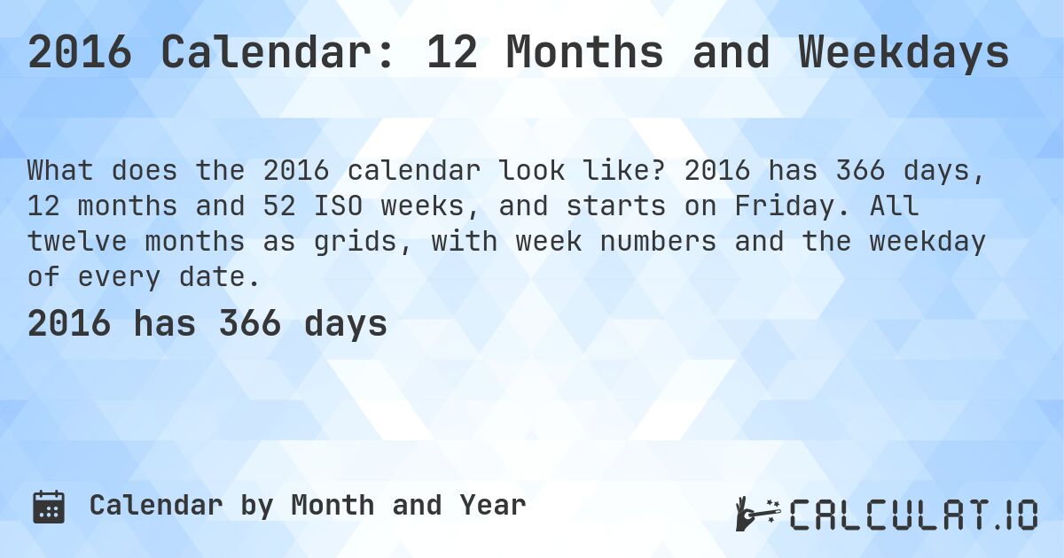 2016 Calendar: 12 Months and Weekdays. 2016 has 366 days, 12 months and 52 ISO weeks, and starts on Friday. All twelve months as grids, with week numbers and the weekday of every date.