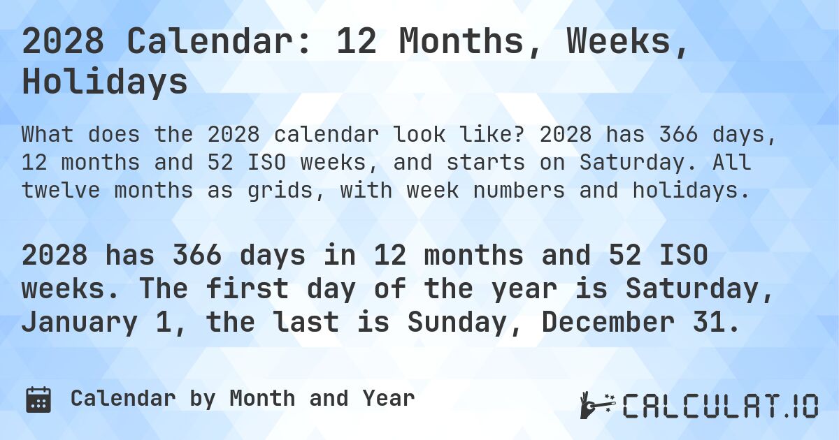 2028 Calendar: 12 Months, Weeks, Holidays. 2028 has 366 days, 12 months and 52 ISO weeks, and starts on Saturday. All twelve months as grids, with week numbers and holidays.