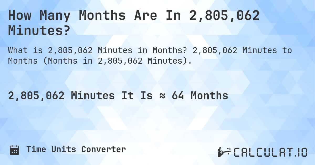 How Many Months Are In 2,805,062 Minutes?. 2,805,062 Minutes to Months (Months in 2,805,062 Minutes).