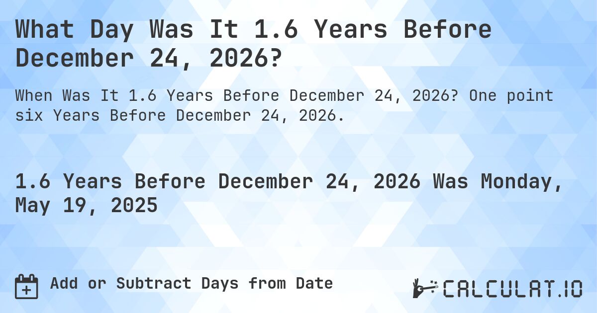 What Day Was It 1.6 Years Before December 24, 2026?. One point six Years Before December 24, 2026.