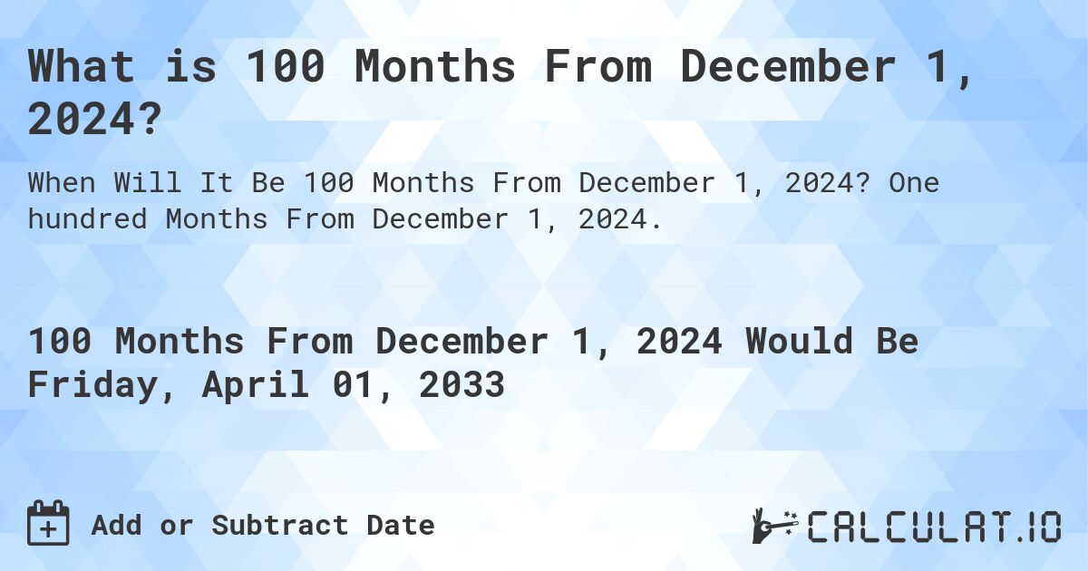 What is 100 Months From December 1, 2024?. One hundred Months From December 1, 2024.