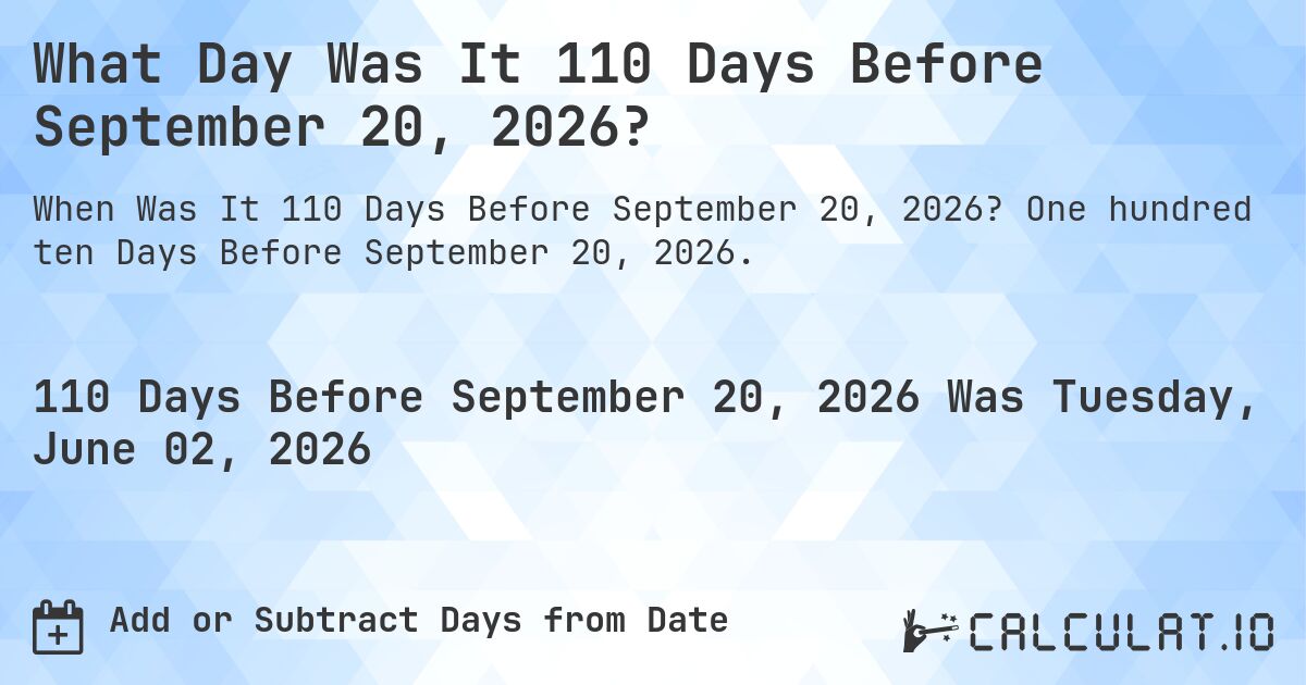 What Day Was It 110 Days Before September 20, 2026?. One hundred ten Days Before September 20, 2026.