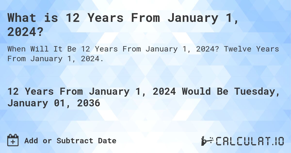 What is 12 Years From January 1, 2024?. Twelve Years From January 1, 2024.