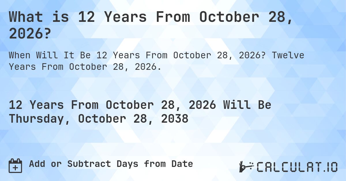 What is 12 Years From October 28, 2026?. Twelve Years From October 28, 2026.