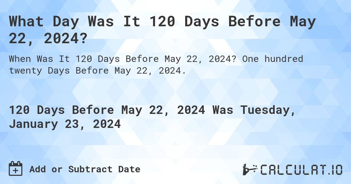 What Day Was It 120 Days Before May 22, 2024?. One hundred twenty Days Before May 22, 2024.