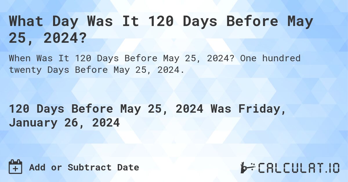 What Day Was It 120 Days Before May 25, 2024?. One hundred twenty Days Before May 25, 2024.