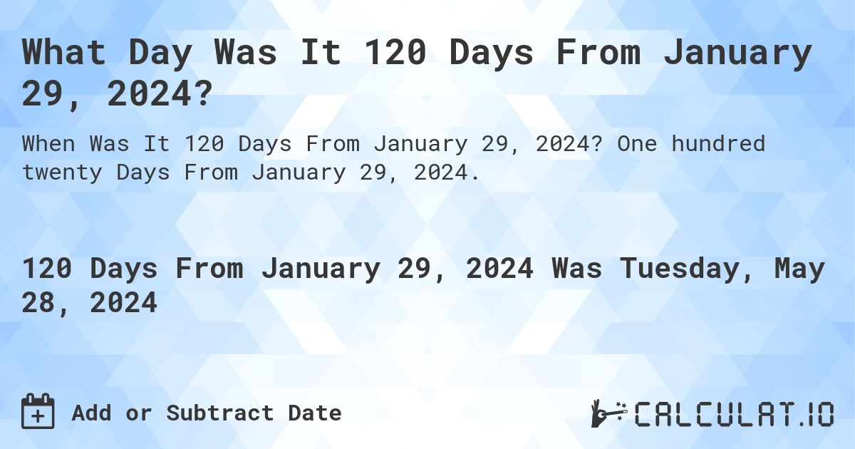 What Day Was It 120 Days From January 29, 2024?. One hundred twenty Days From January 29, 2024.