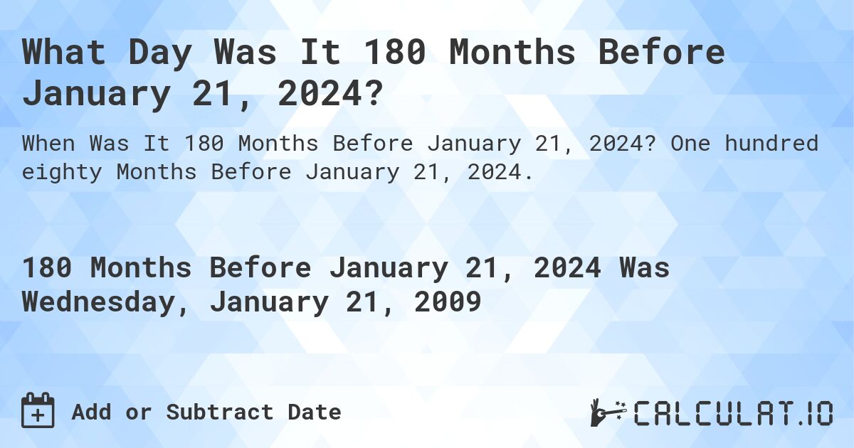 What Day Was It 180 Months Before January 21, 2024?. One hundred eighty Months Before January 21, 2024.