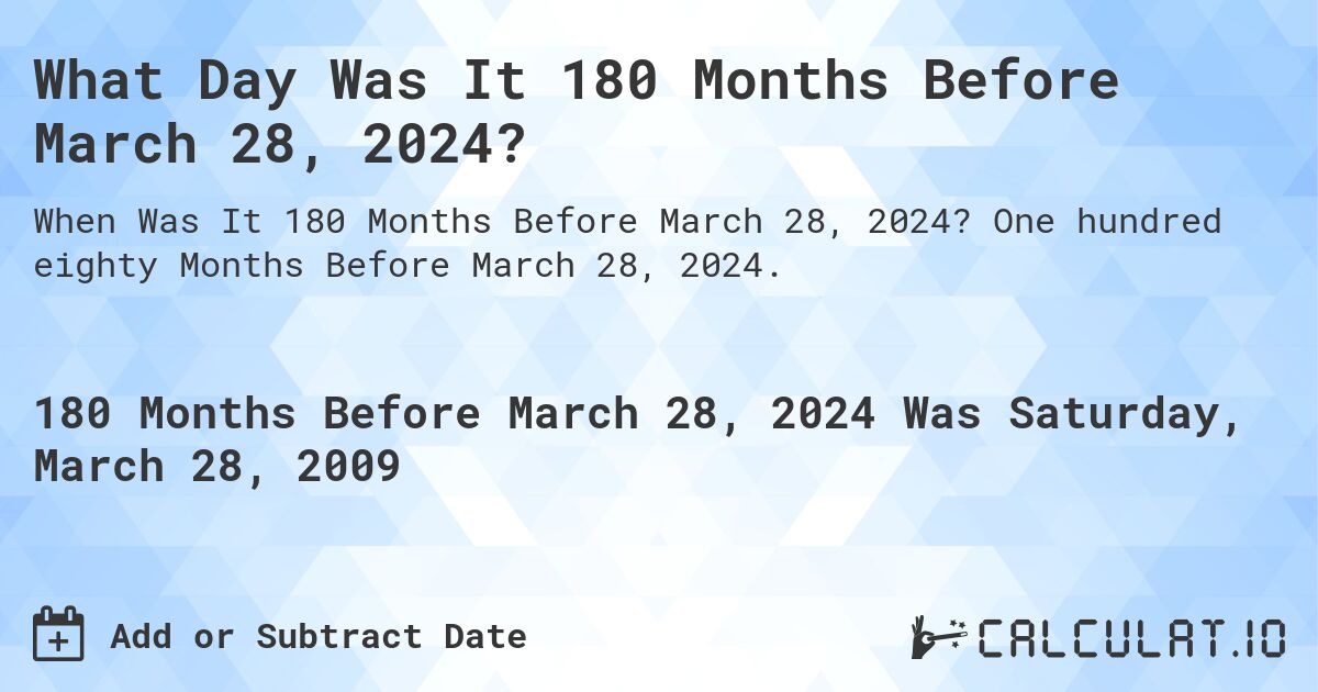 What Day Was It 180 Months Before March 28, 2024?. One hundred eighty Months Before March 28, 2024.
