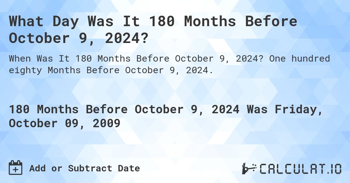 What Day Was It 180 Months Before October 9, 2024?. One hundred eighty Months Before October 9, 2024.