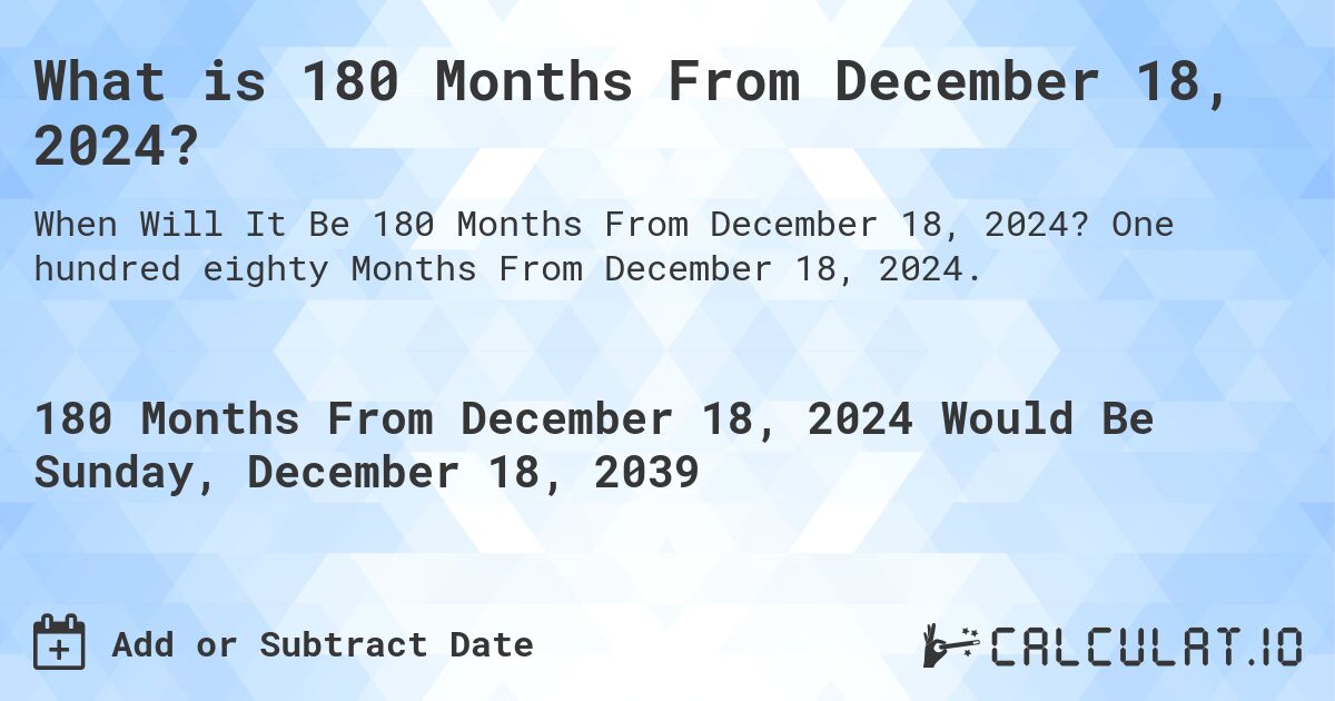 What is 180 Months From December 18, 2024?. One hundred eighty Months From December 18, 2024.