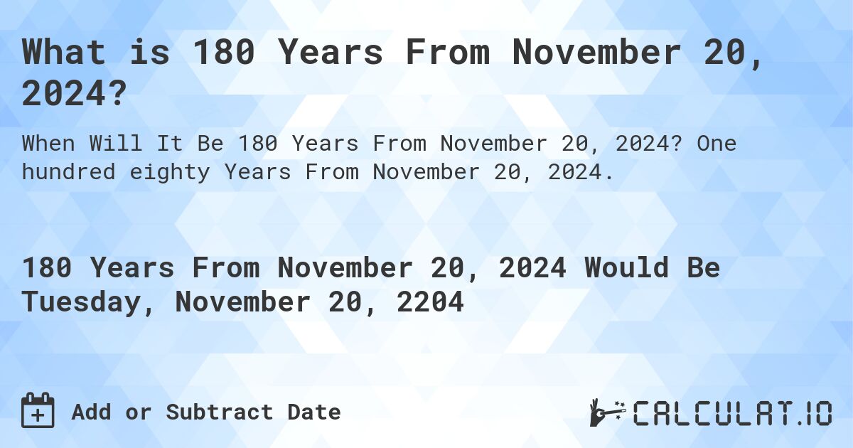 What is 180 Years From November 20, 2024?. One hundred eighty Years From November 20, 2024.