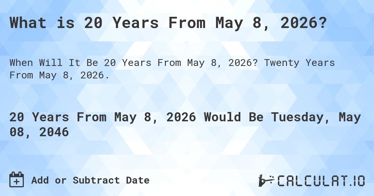 What is 20 Years From May 8, 2026?. Twenty Years From May 8, 2026.