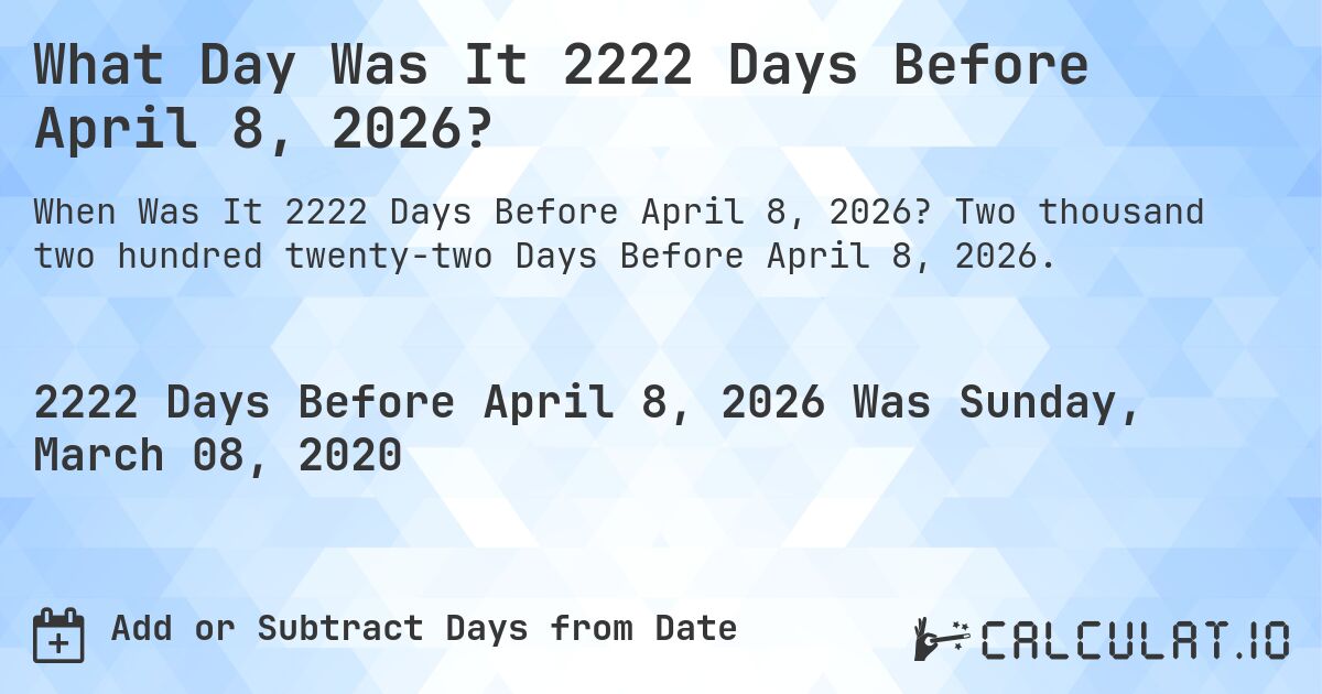 What Day Was It 2222 Days Before April 8, 2026?. Two thousand two hundred twenty-two Days Before April 8, 2026.
