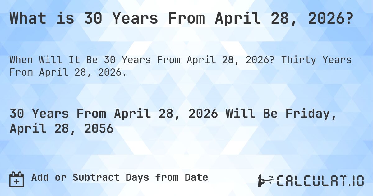 What is 30 Years From April 28, 2026?. Thirty Years From April 28, 2026.
